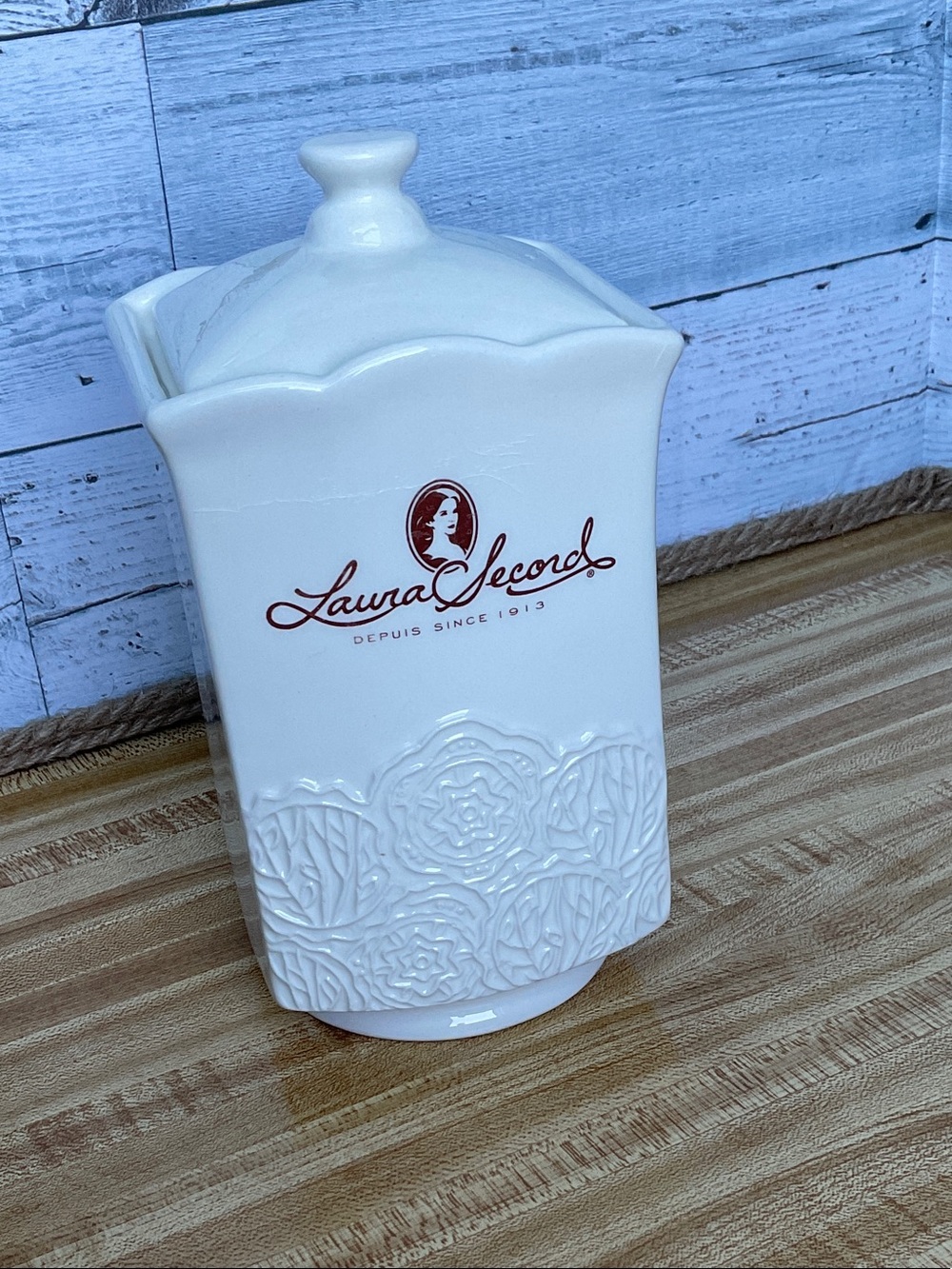 Laura Secord White Ceramic Decorative Canister with Floral Relief